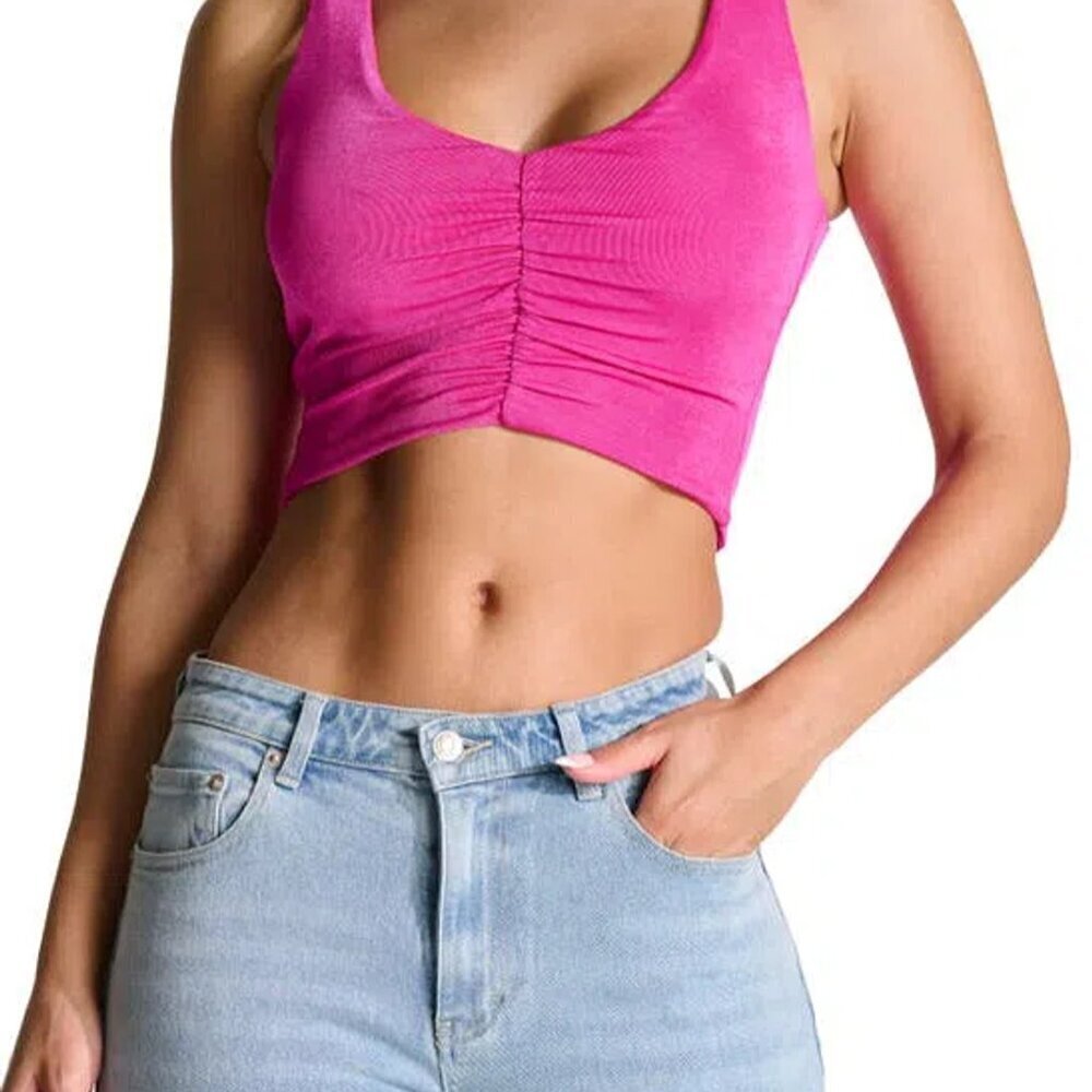 NWOT Naked Wardrobe Size Large Hot Pink Crop Top V-Neck Ruched